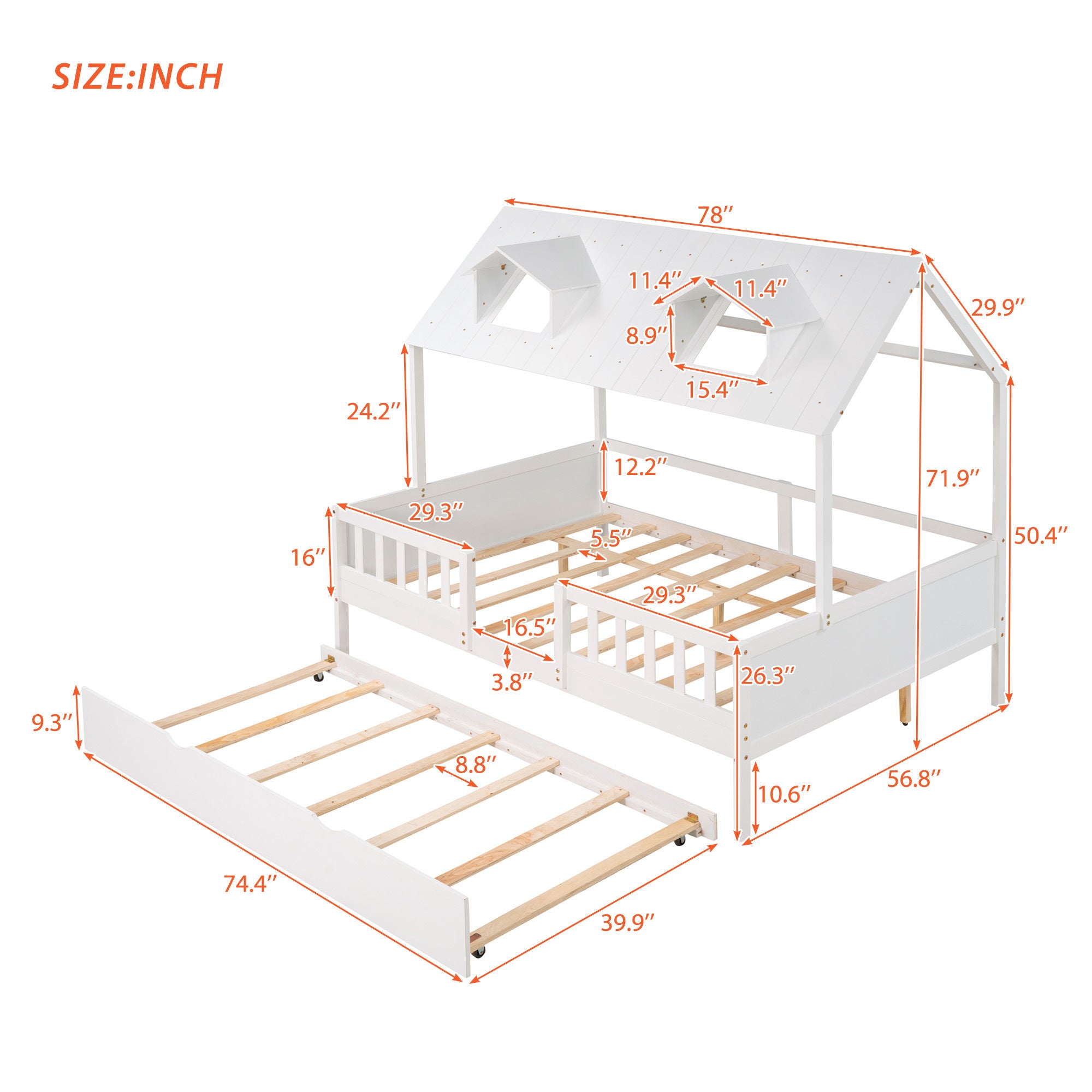 Full Size House Bed Wood Bed with  Twin Size Trundle ( White ) - Atlantic Fine Furniture Melbourne FL