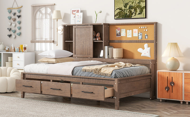 Twin Size Lounge Daybed with Storage Shelves, Cork Board, USB Ports and 3 Drawers, Antique Wood Color