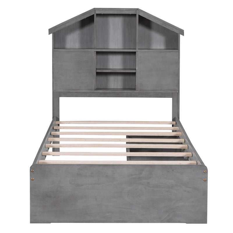 Twin Size Wood Platform Bed with House-shaped Storage Headboard and 2 Drawers, Gray