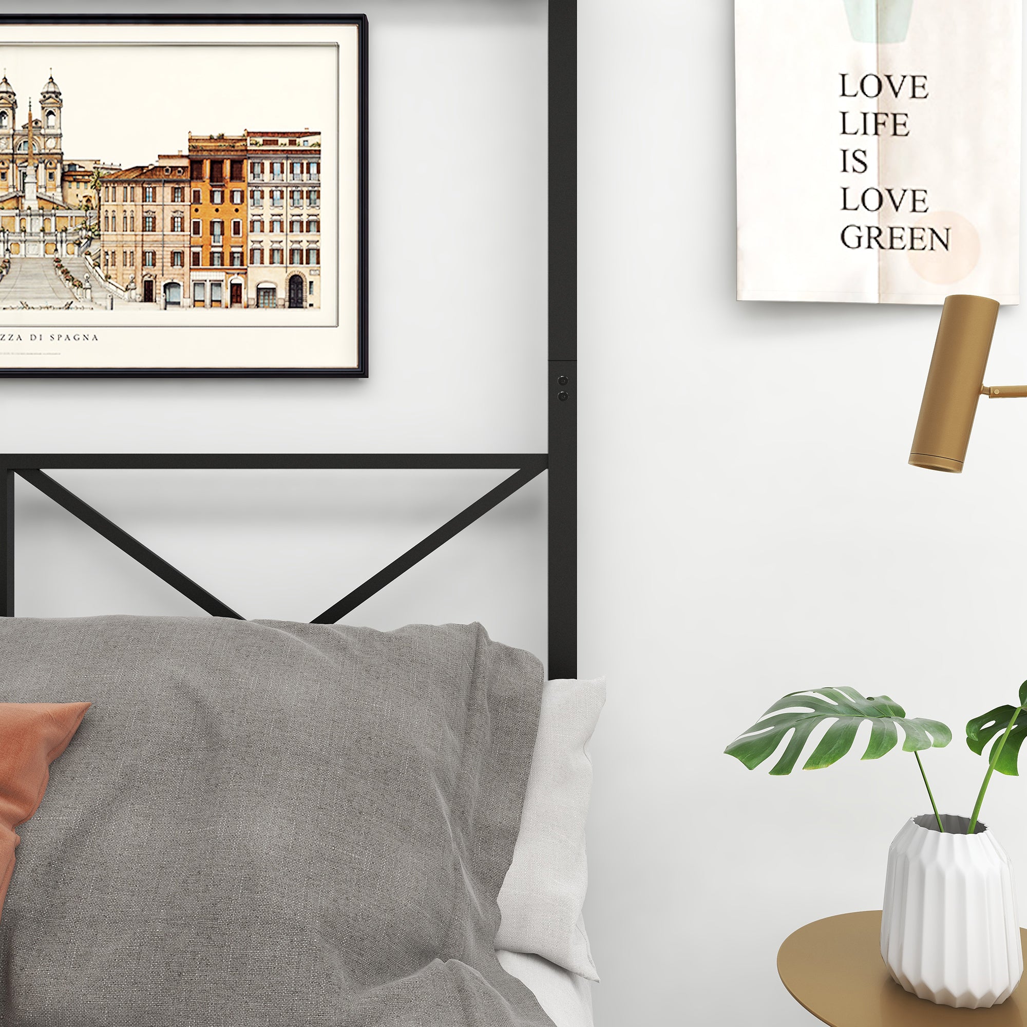 Metal Canopy Bed Frame, Platform Bed Frame Queen with X Shaped Frame Queen Black（same as W84034643）