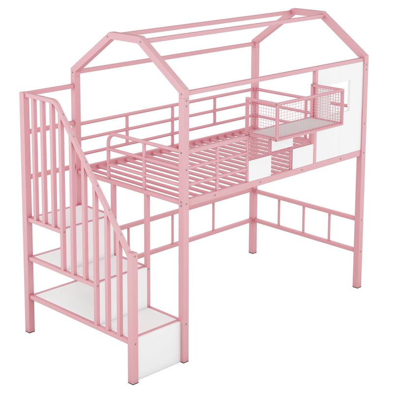 Metal Loft Bed with roof design and a storage box, Twin, Pink
