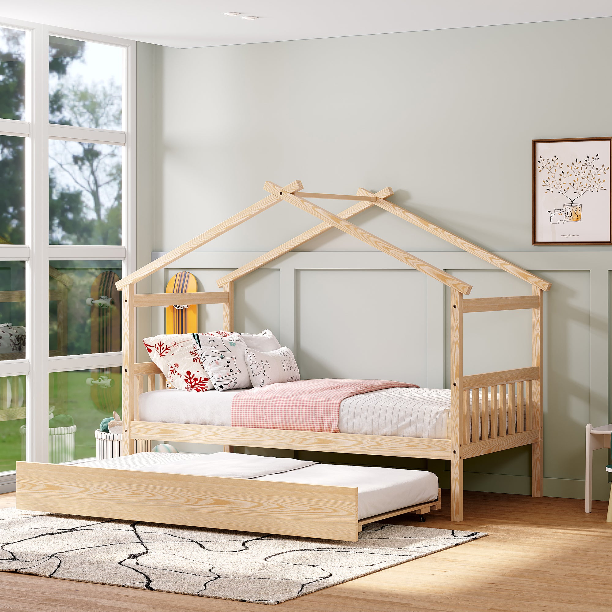 Twin Size Wooden House Bed with Twin Size Trundle, Natural - Atlantic Fine Furniture Melbourne FL