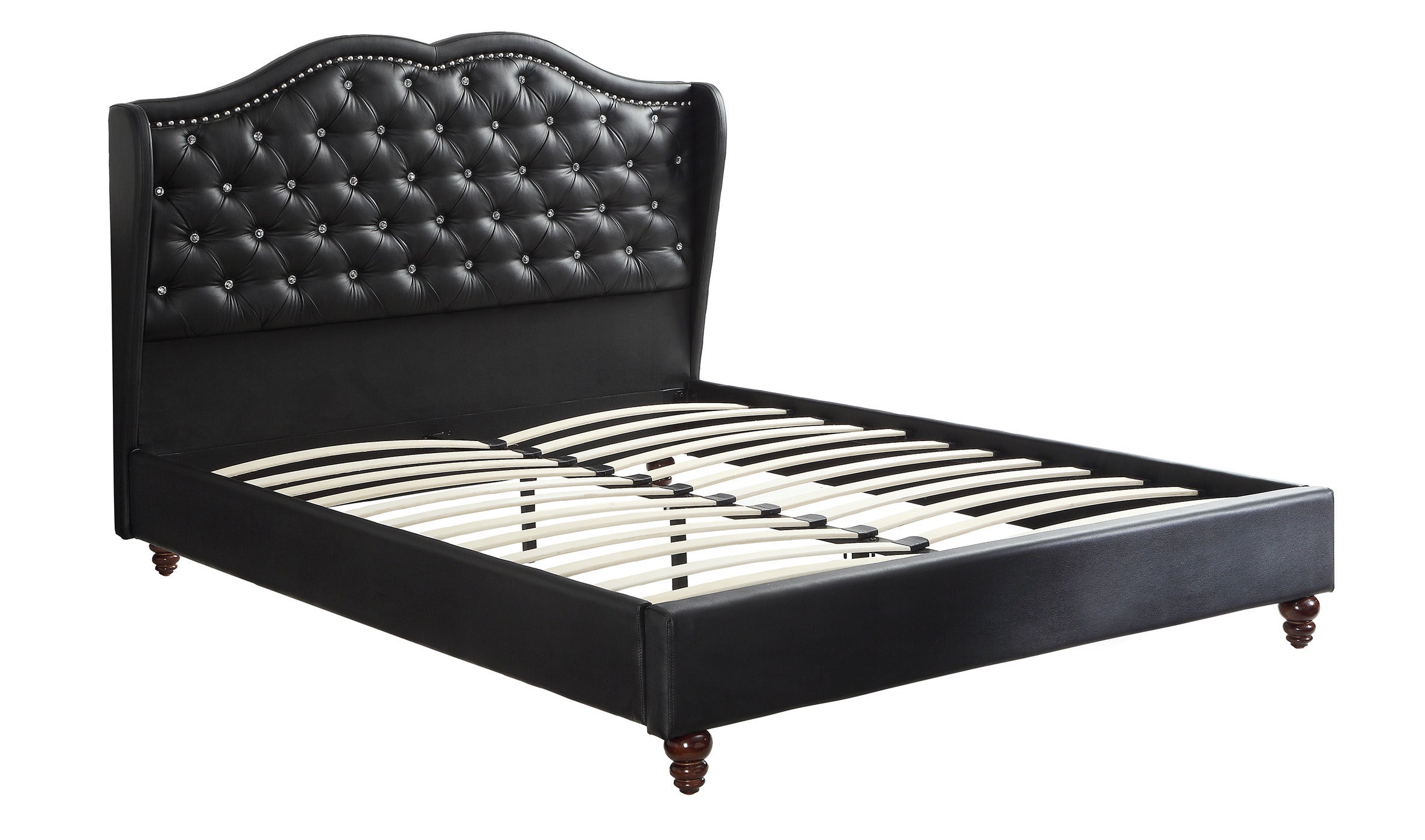 Queen Size Bed 1pc Bed Set Black Faux Leather Upholstered Wingback Design Bed Frame Headboard Bedroom Furniture Tufted Upholstered - Atlantic Fine Furniture Melbourne FL