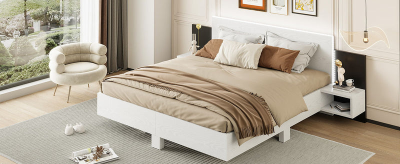 Floating Platform Bed, With LED Lights, Bedside Nightstand