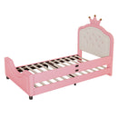 Twin Size Cute Princess Upholstered Daybed Low To The Ground Design With Button Tufted Crown Headboard For Kids - Pink