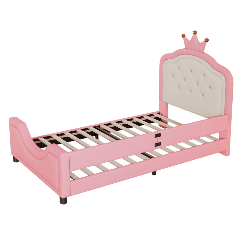 Twin Size Cute Princess Upholstered Daybed Low To The Ground Design With Button Tufted Crown Headboard For Kids - Pink