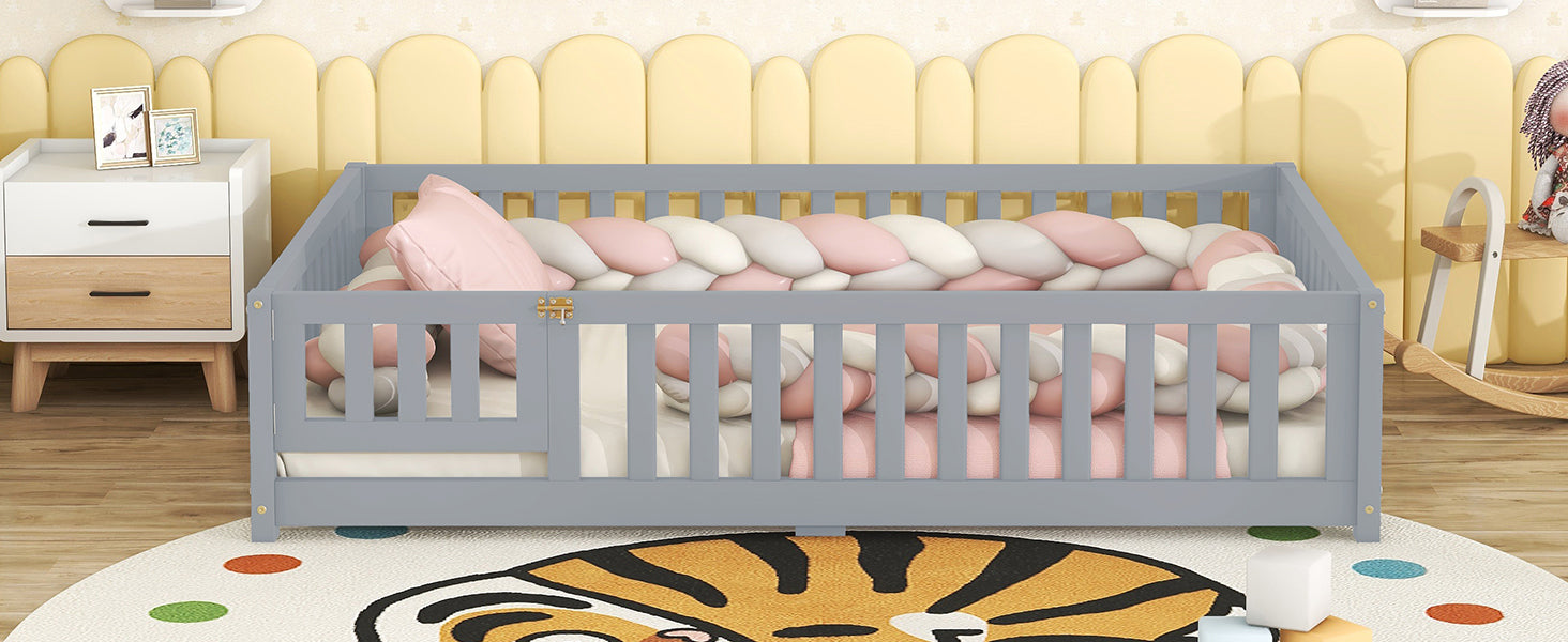 Full Size Bed Floor Bed with Safety Guardrails and Door for Kids, Gray