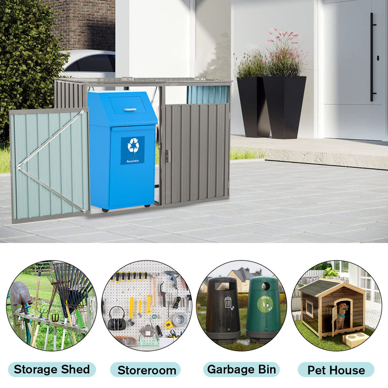 Garbage Bin Shed Stores 2 Trash Cans Metal Outdoor Bin Shed For Garbage Storage, Stainless Galvanized Steel, Bin Shed For Garden Yard Lawn