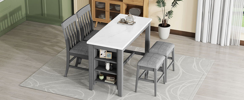 5 Piece Counter Height Dining Table Set With Built-In Storage Shelves - Gray