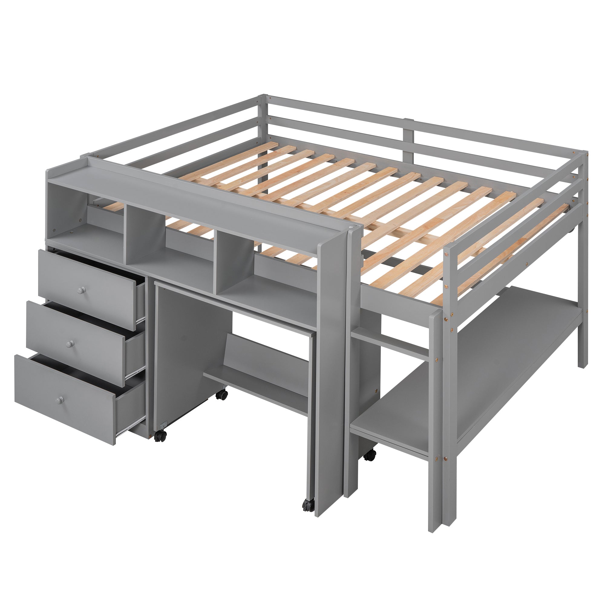 Full Size Low Loft Bed with Rolling Portable Desk, Drawers and Shelves, Gray(Old SKU: GX000711AAE) - Atlantic Fine Furniture Melbourne FL