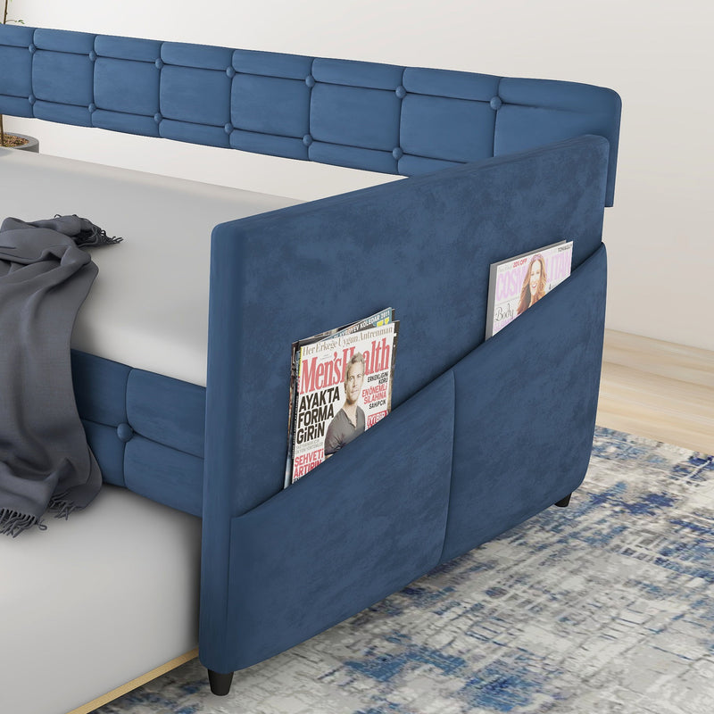 Upholstered Twin Size Daybed Bed Frame (Corner Bed) With Trundle, Velvet Fabric, Studding Design, No Box Spring Required