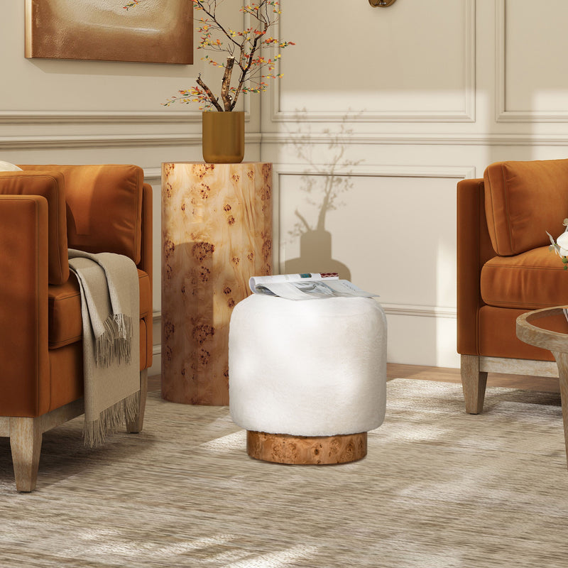 Tilly - Round Fur Upholstered / Burl Pouf Ottoman - White