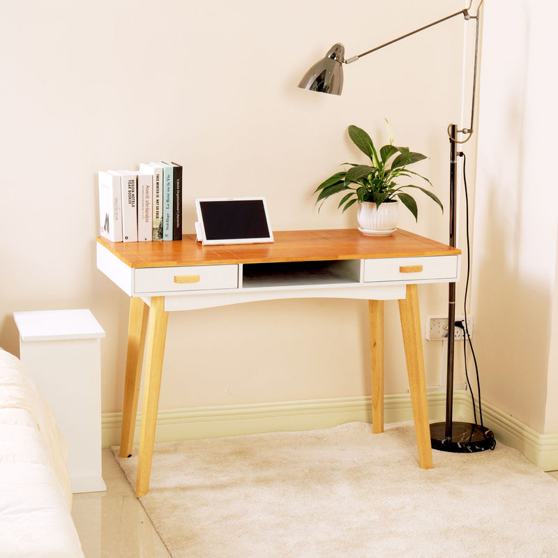 Wooden Writing Desk For Office, Solid Wood Computer Table For Home, Simple Style, Study Table With Drawers - Natural / White