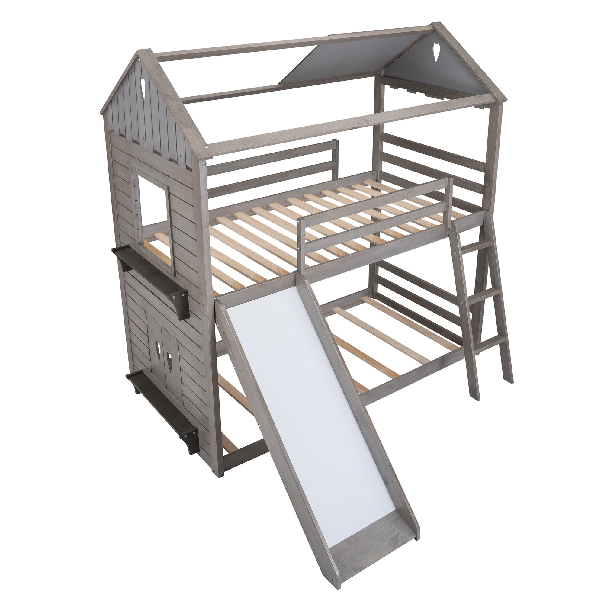 Twin Over Twin Bunk Bed Wood Bed with Roof, Window, Slide, Ladder ,Antique Gray(OLD SKU:LP000059AAE) - Atlantic Fine Furniture Melbourne FL