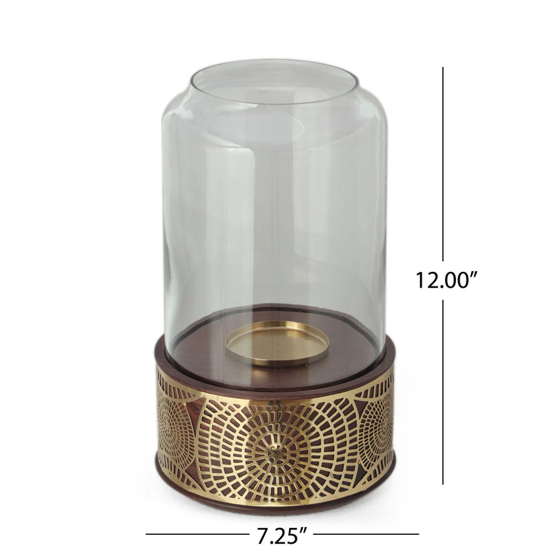 Boho Handcrafted Mango Wood Hurricane Candle Holder With Tempered Glass And Metal Accents - Brown