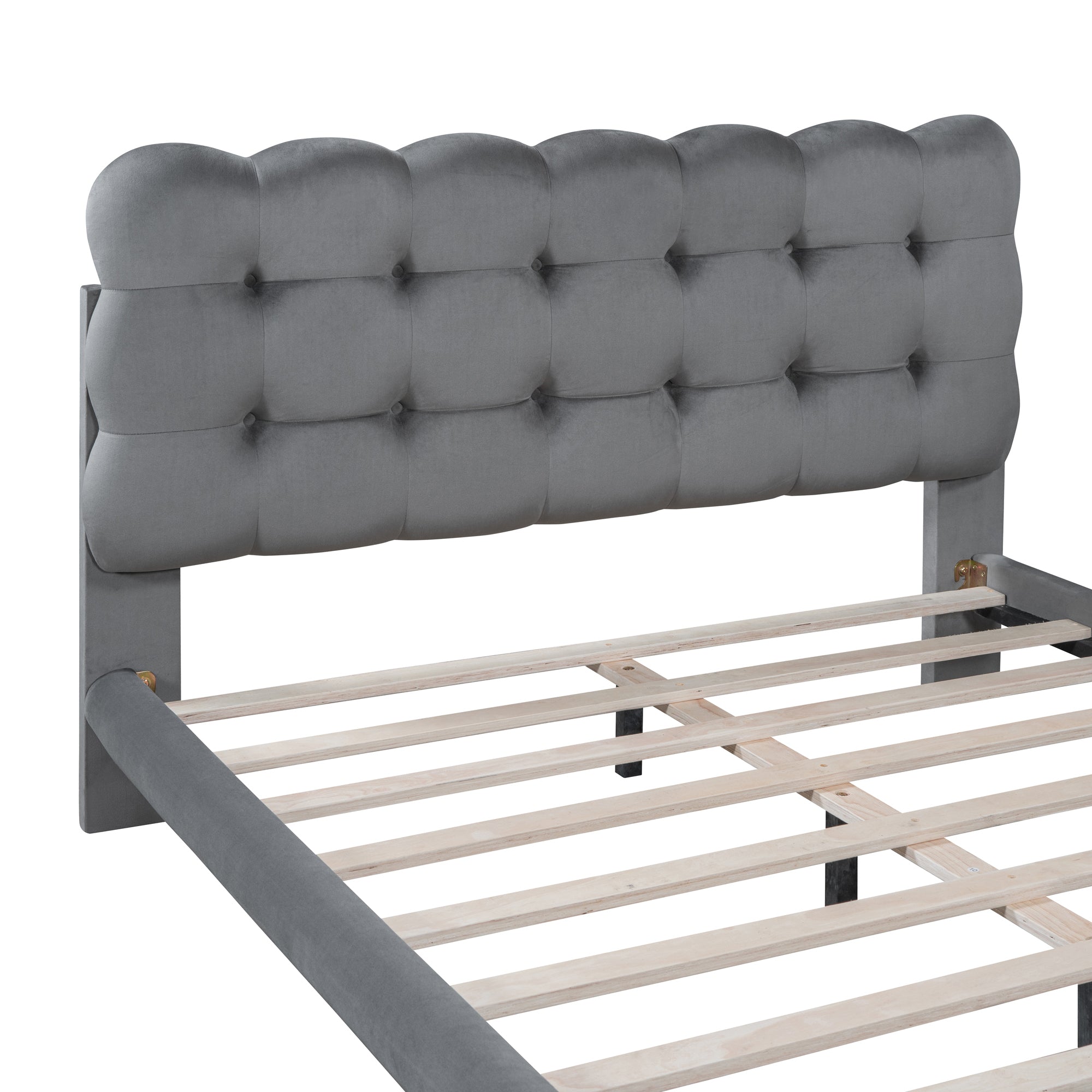 Full Size Velvet Platform Bed with LED Frame, Thick & Soft Fabric and Button-tufted Design Headboard, Gray - Atlantic Fine Furniture Melbourne FL