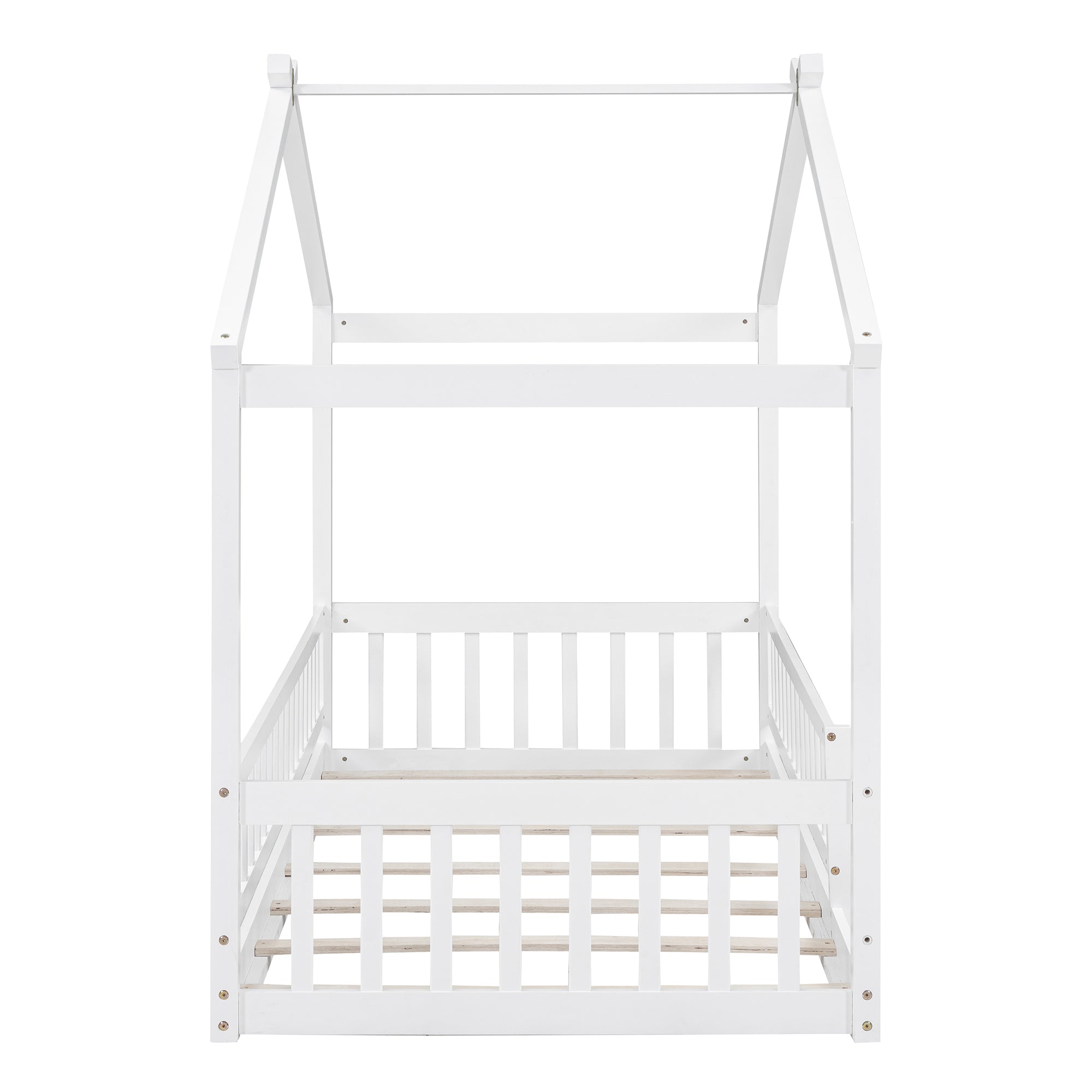 Twin Size Wood Bed House Bed Frame with Fence, for Kids, Teens, Girls, Boys,White