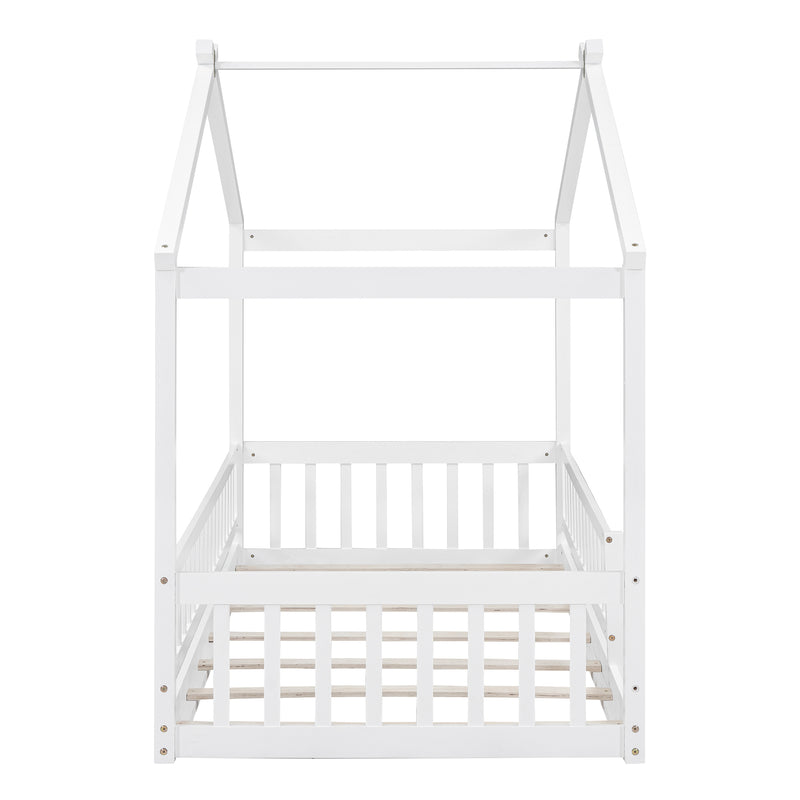 Twin Size Wood Bed House Bed Frame with Fence, for Kids, Teens, Girls, Boys,White