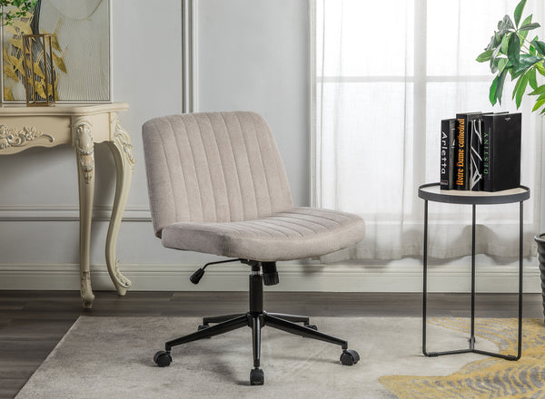 Cross Legged Office Chair, Wide Comfty Desk Chair, Vanity Home Chair, Armless Computer Task Chair With Wheels, Swivel And Height Adjustable - Beige