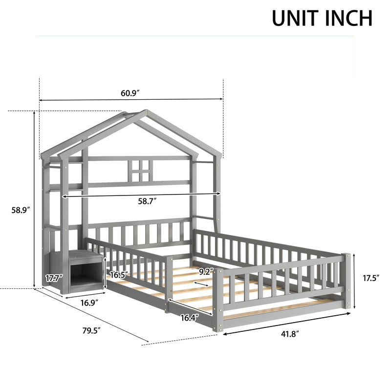 House-Style Headboard Floor Bed With Fence Guardrails Without Cushion