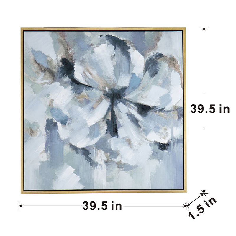 Large Modern Flower Oil Painting, Square Gold Frame Wall Art - Blue / Gray