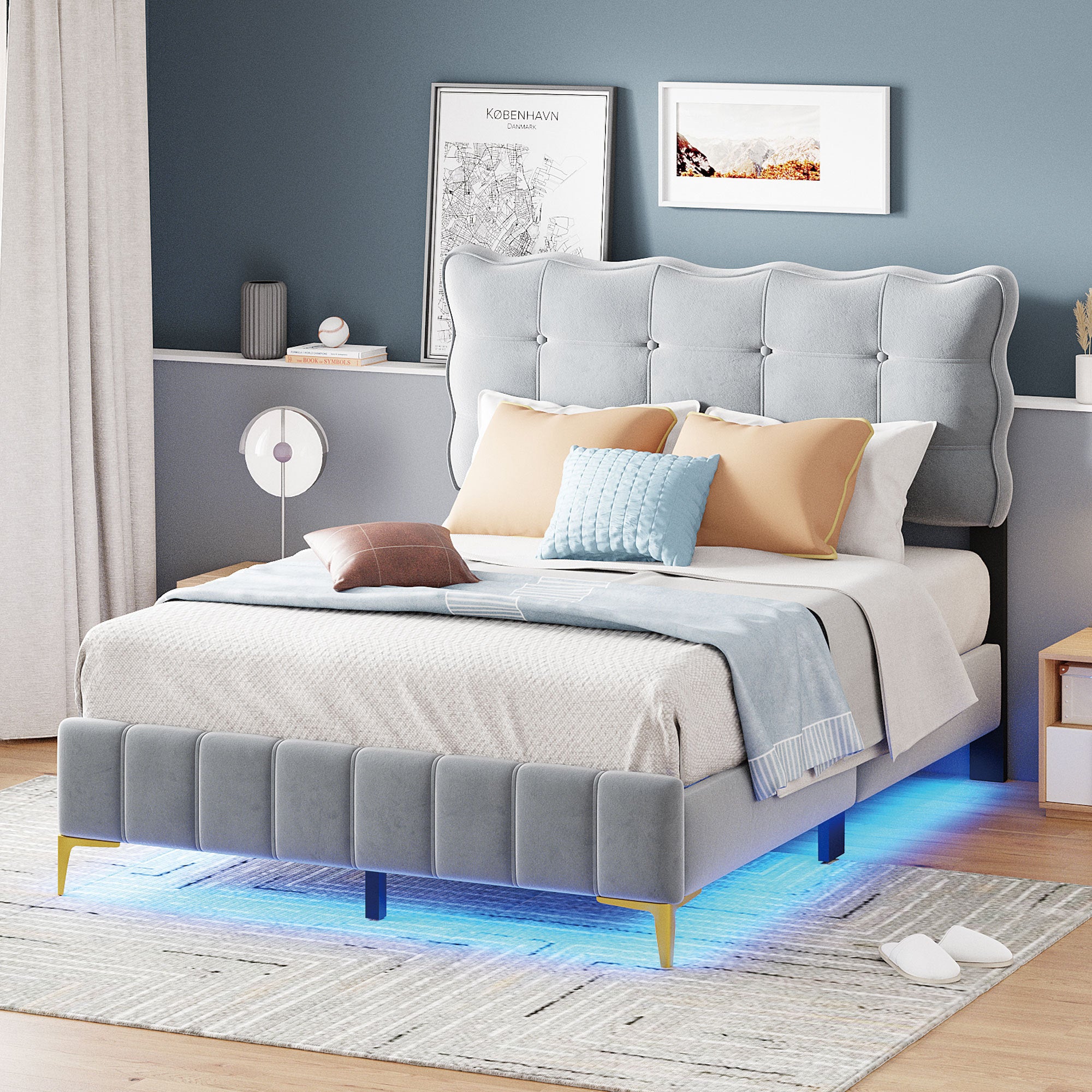 Full Size Velvet Platform Bed with LED Frame and Stylish Mental Bed Legs, Gray - Atlantic Fine Furniture Melbourne FL