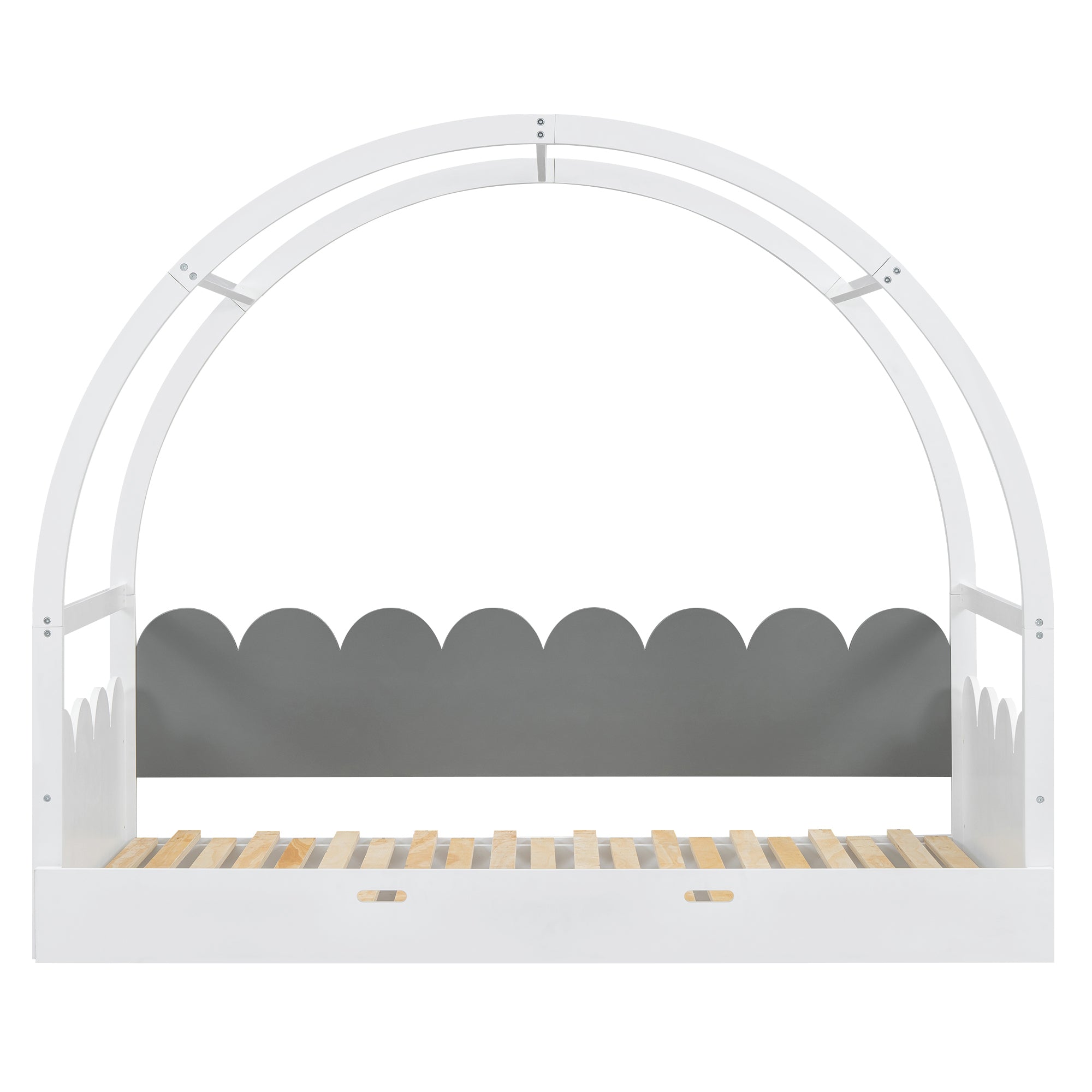 Twin size stretchable vaulted roof bed, children's bed pine wood frame, white+gray