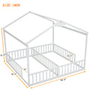 Double Twin House-Style Floor Bed with Fence, Guardrails, without door, White