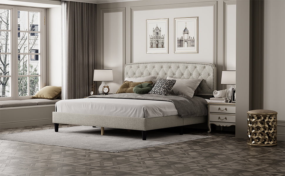 King size Adjustable Headboard with Fine Linen Upholstery and Button Tufting for Bedroom,  Wave Top  cream White