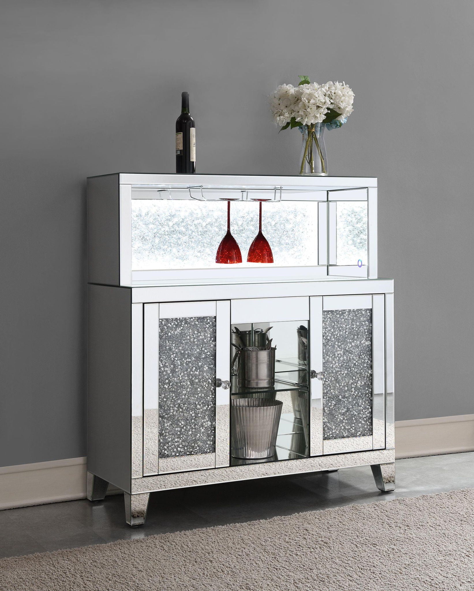 Yvaine 2-door Mirrored Acrylic Home Bar Wine Cabinet Silver