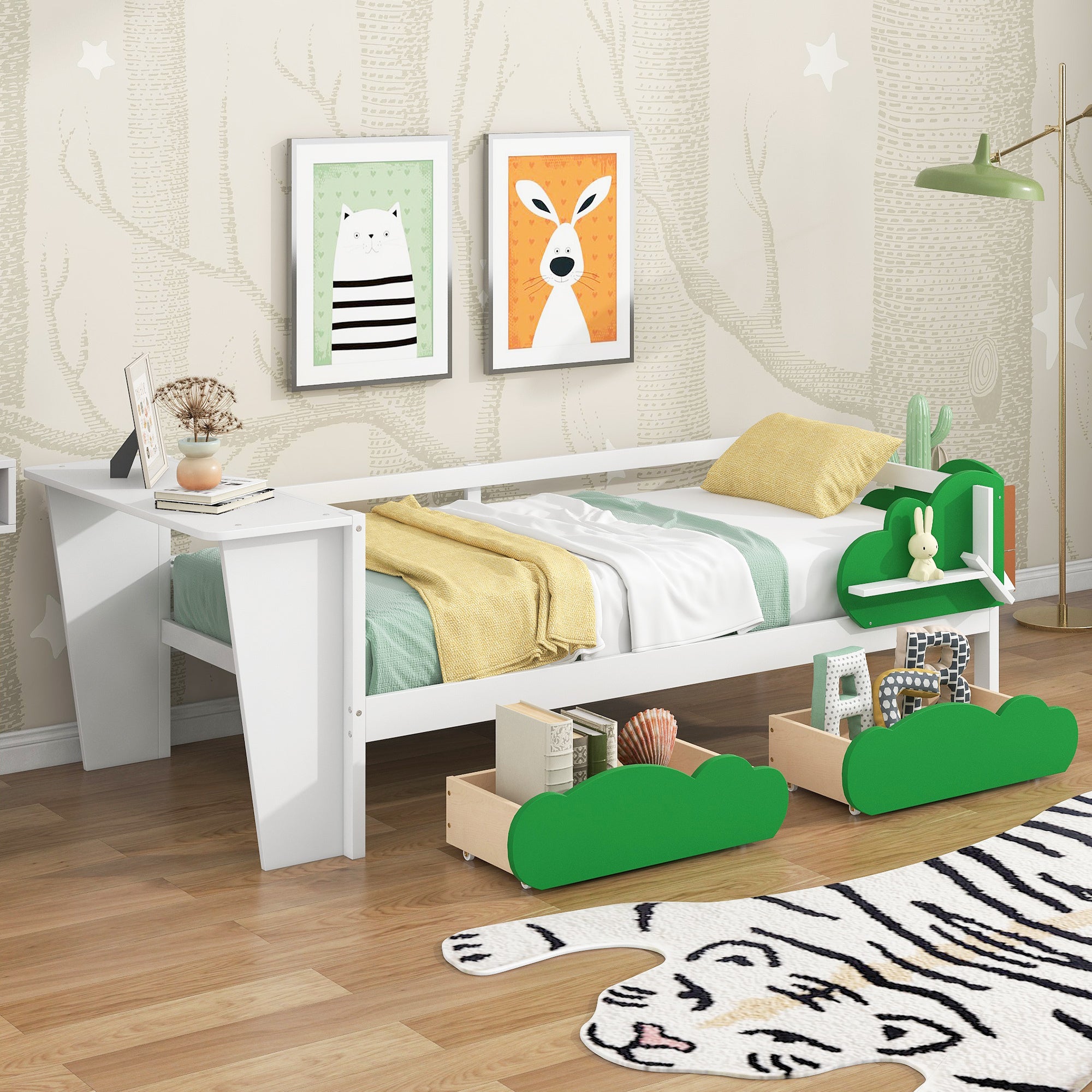 Twin Size Daybed with Desk, Green Leaf Shape Drawers and Shelves, White - Atlantic Fine Furniture Melbourne FL