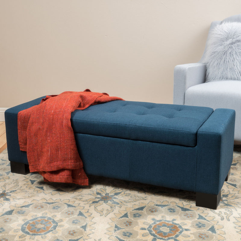 Empower - Button Tufted Waffle Upholstered Storage Ottoman With Wood Legs - Navy Blue