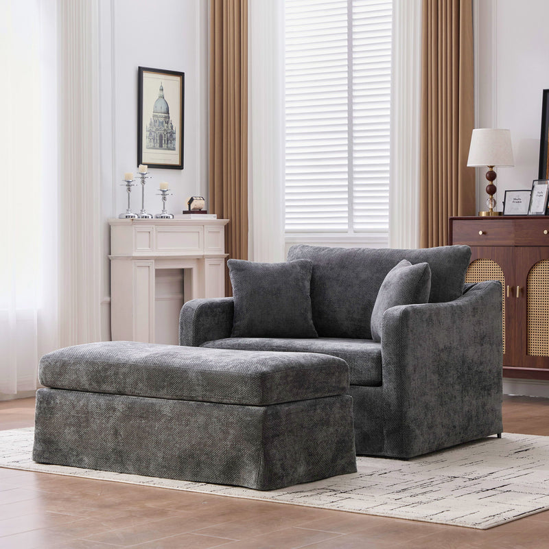 Accent Chair Wide With 2 Bolster Pillows, And Matching Ottoman