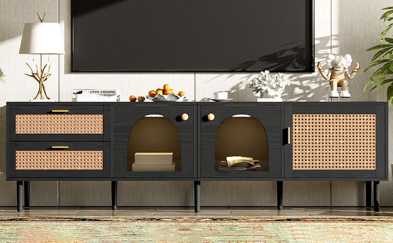 Rattan TV Stand With 3 Cabinets & 2 Drawers, Rattan-Inspired Media Console Table For Tvs Up To 80'', LED Light Entertainment Center, TV Cabinet For Living Room - Black