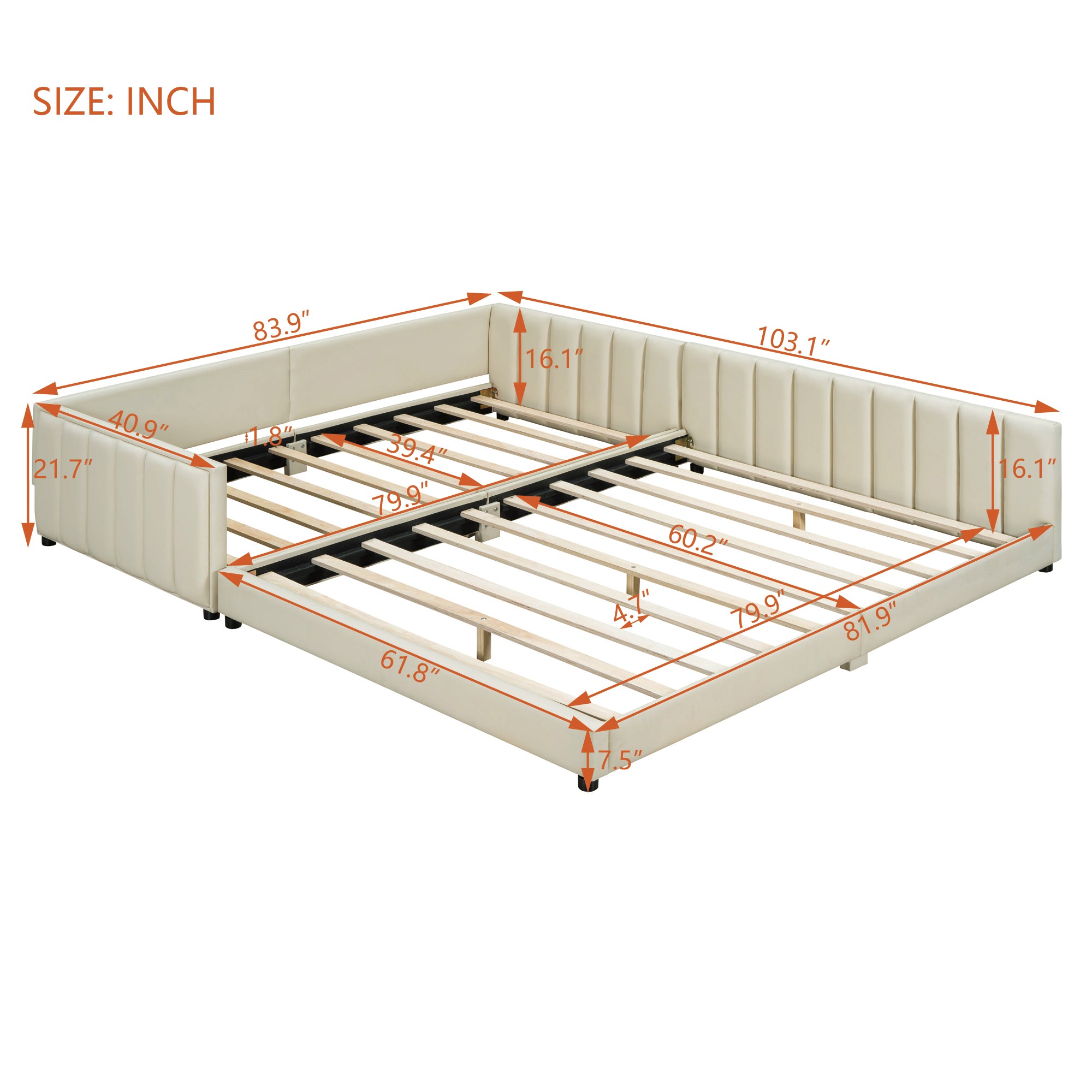 Queen Size & Twin XL Size Upholstered Platform Bed, Mother & Child Bed, PU Leather, Beige - Atlantic Fine Furniture Melbourne FL