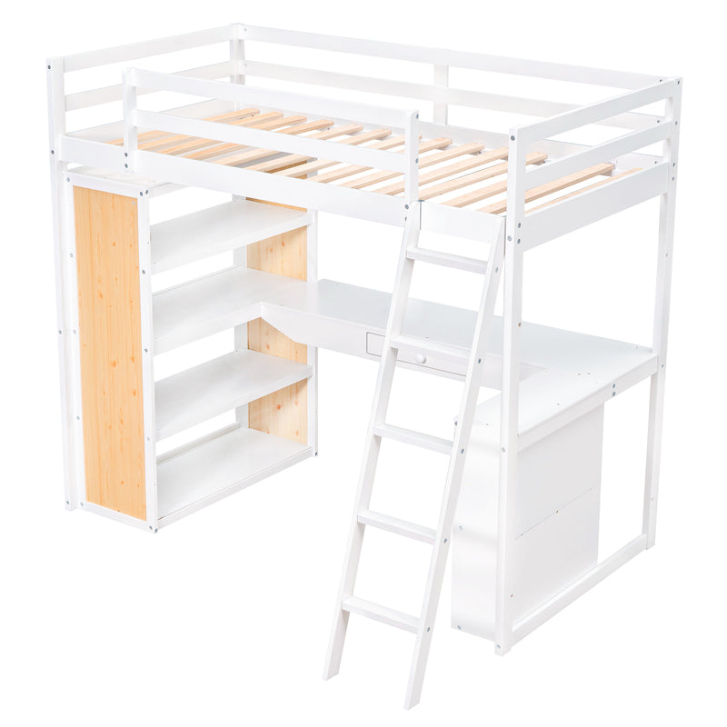 Twin Size Loft Bed with Ladder, Shelves, and Desk, White(OLD SKU:LT000225AAK)