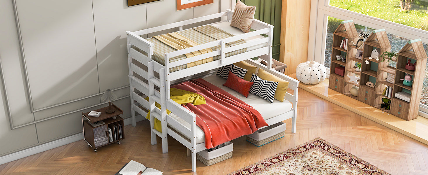 Wood Twin XL over Queen Bunk Bed with Ladder, White - Atlantic Fine Furniture Melbourne FL