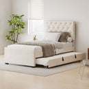 Twin Size Velvet Fabric Upholstered Platform Bed With Trundle And Adjustable Tufted Headboard - Beige