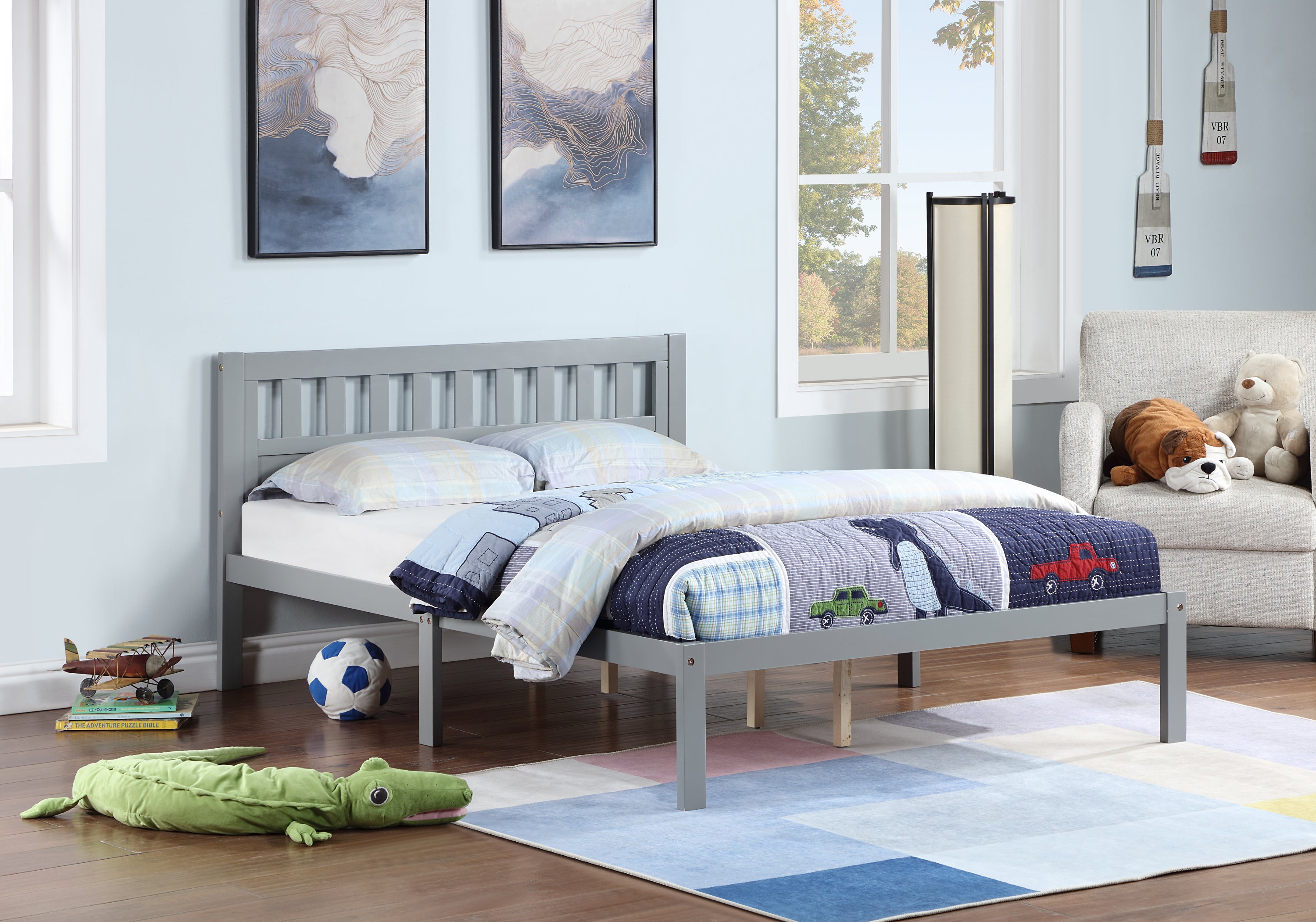 Full Size Bed, Wood Platform Bed Frame with Headboard For Kids, Slatted, Gray - Atlantic Fine Furniture Melbourne FL