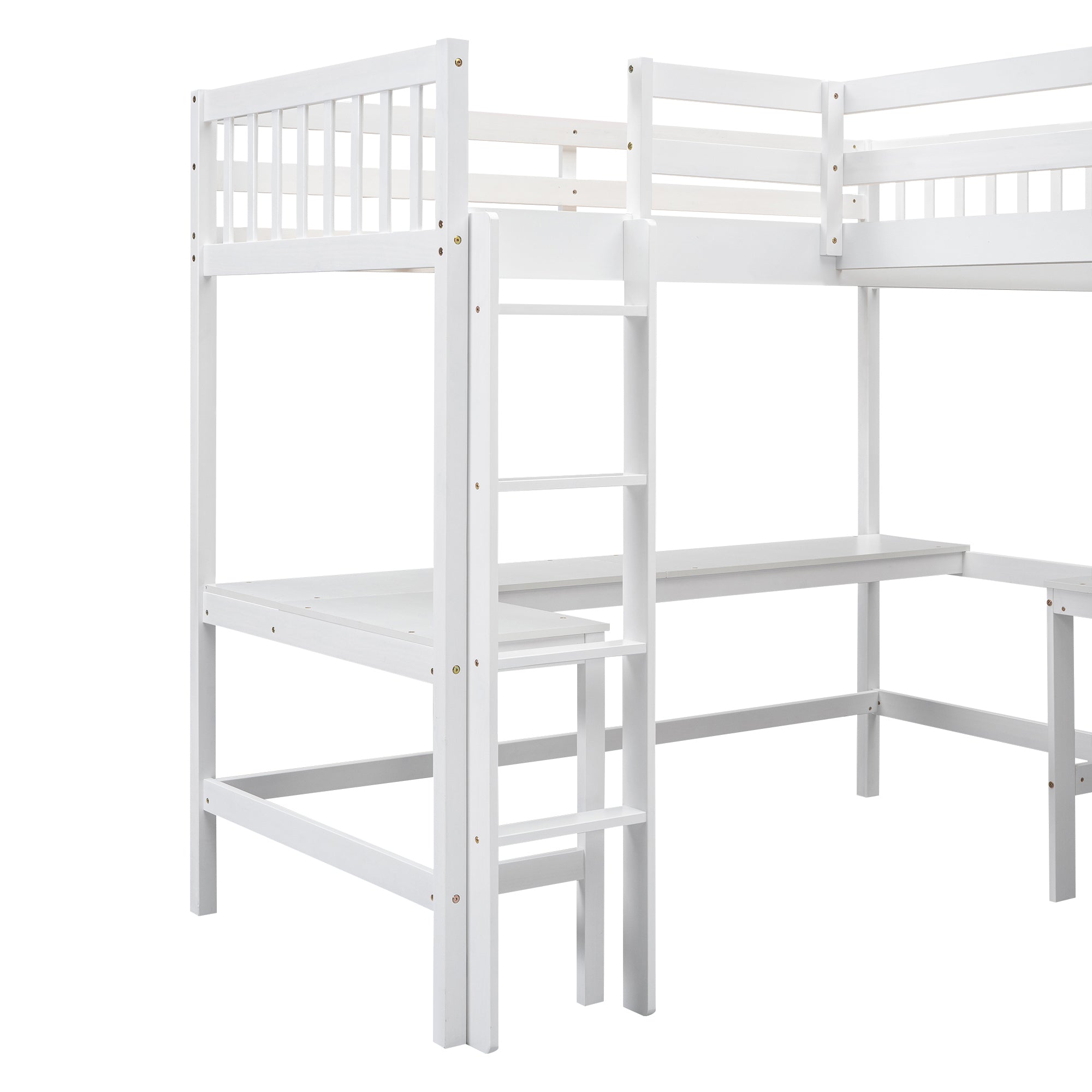 Wood Twin Size L-Shaped Loft Bed with Ladder and 2 Built-in L-Shaped Desks, White - Atlantic Fine Furniture Melbourne FL