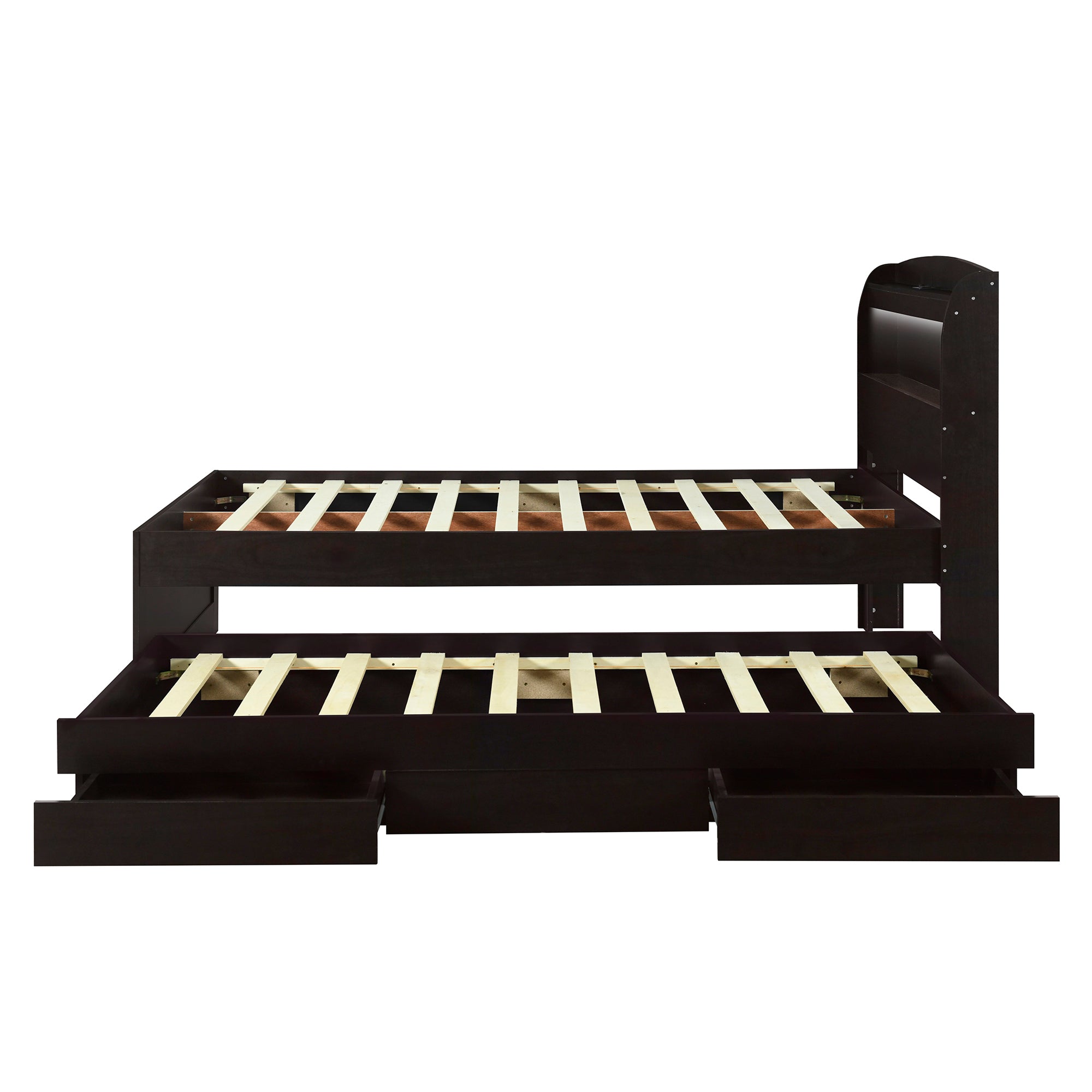 Full XL Size Platform Bed with Storage LED Headboard, Charging Station, Twin Size Trundle and 2 Drawers, Dark Brown - Atlantic Fine Furniture Melbourne FL