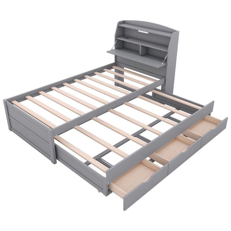 Wooden LED Platform Bed With Trundle, With Storage Headboard, With Drawers