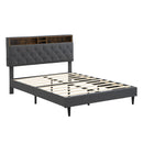Modern Upholstered Platform Bed Frame With Button Tufted Headboard And USB Ports