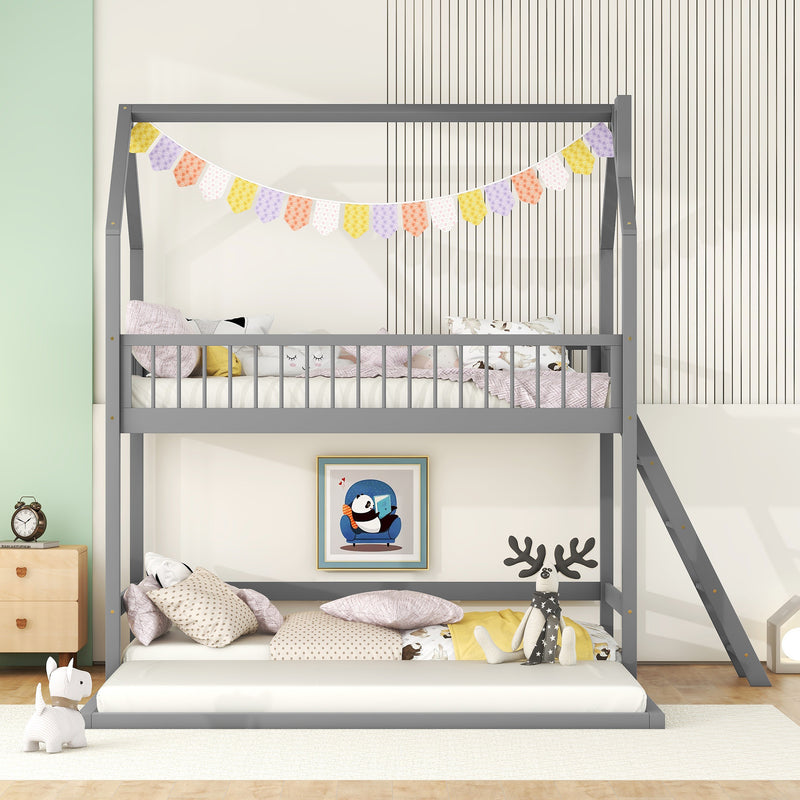 Twin Over Twin-Twin House Bunk Bed with Extending Trundle and Ladder