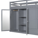 Twin size Loft Bed with Drawer, Two Wardrobes and Mirror, Gray