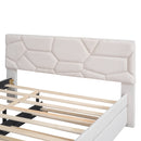 Queen Size Upholstered Platform Bed with Brick Pattern Headboard and Twin XL Size Trundle, Linen Fabric, Beige