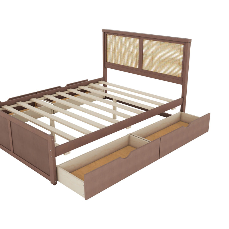 Storage Platform Bed With 4 Drawers, Rattan Headboard