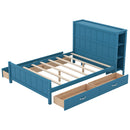 Full Size Platform Bed with Drawers and Storage Shelves, Blue