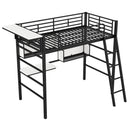 Twin Size Metal Loft Bed with 2 Shelves, a desk and a Hanging Clothes Rack, Black and White