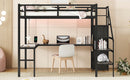 Full XL Size Loft Bed with L-shaped Desk and USB, Metal Loft Bed with Wardrobe and Adjustable Shelf, High Loft Bed with LED for Kids Teens Adults, Black